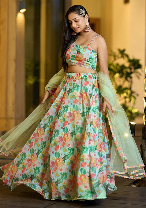 Multicolour Printed Georgette Lehenga Set
