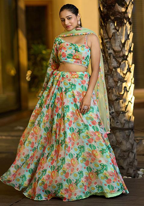 Multicolour Printed Georgette Lehenga Set