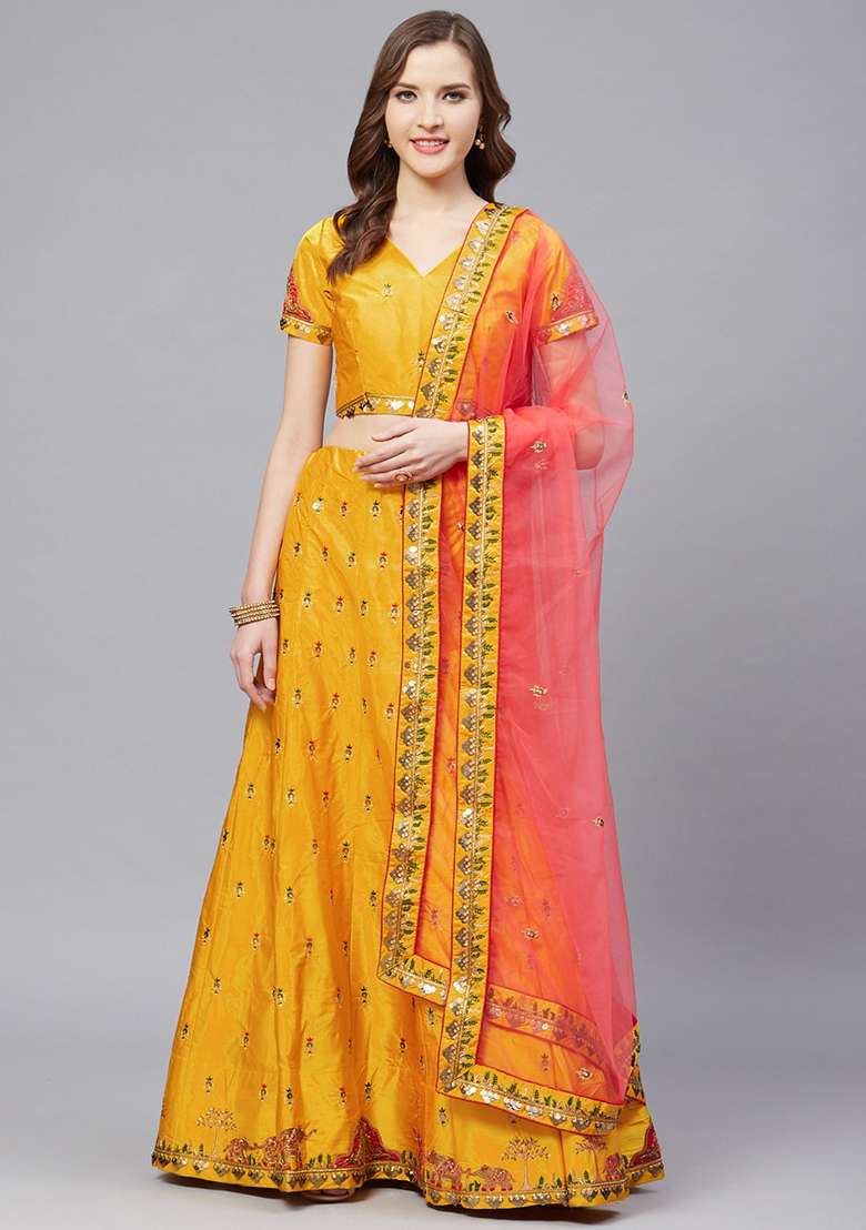 Mustard Thread Embroidered Satin Lehenga Set - Indya