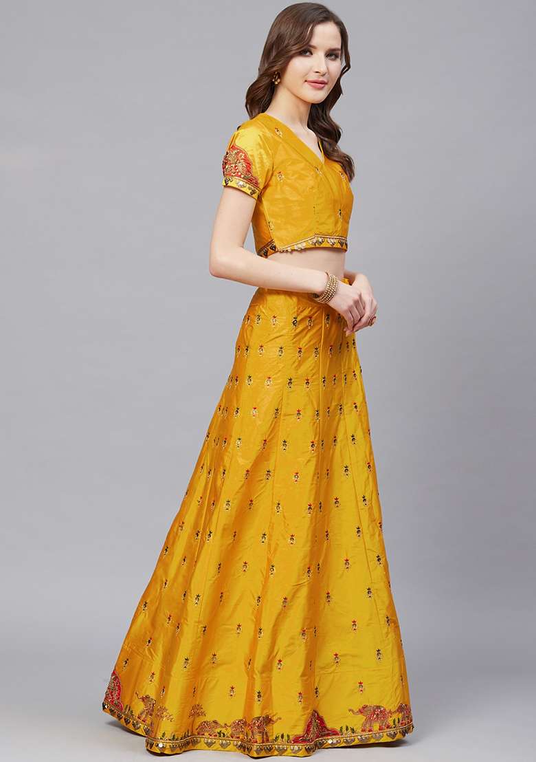Mustard Thread Embroidered Satin Lehenga Set - Indya