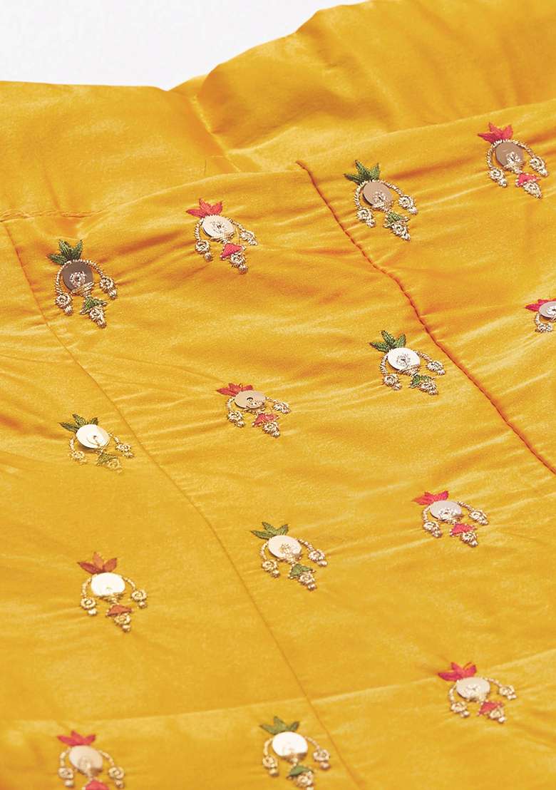 Mustard Thread Embroidered Satin Lehenga Set - Indya