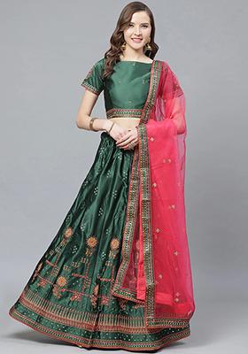 Green And Pink Mirror Embroidered Satin Lehenga Set