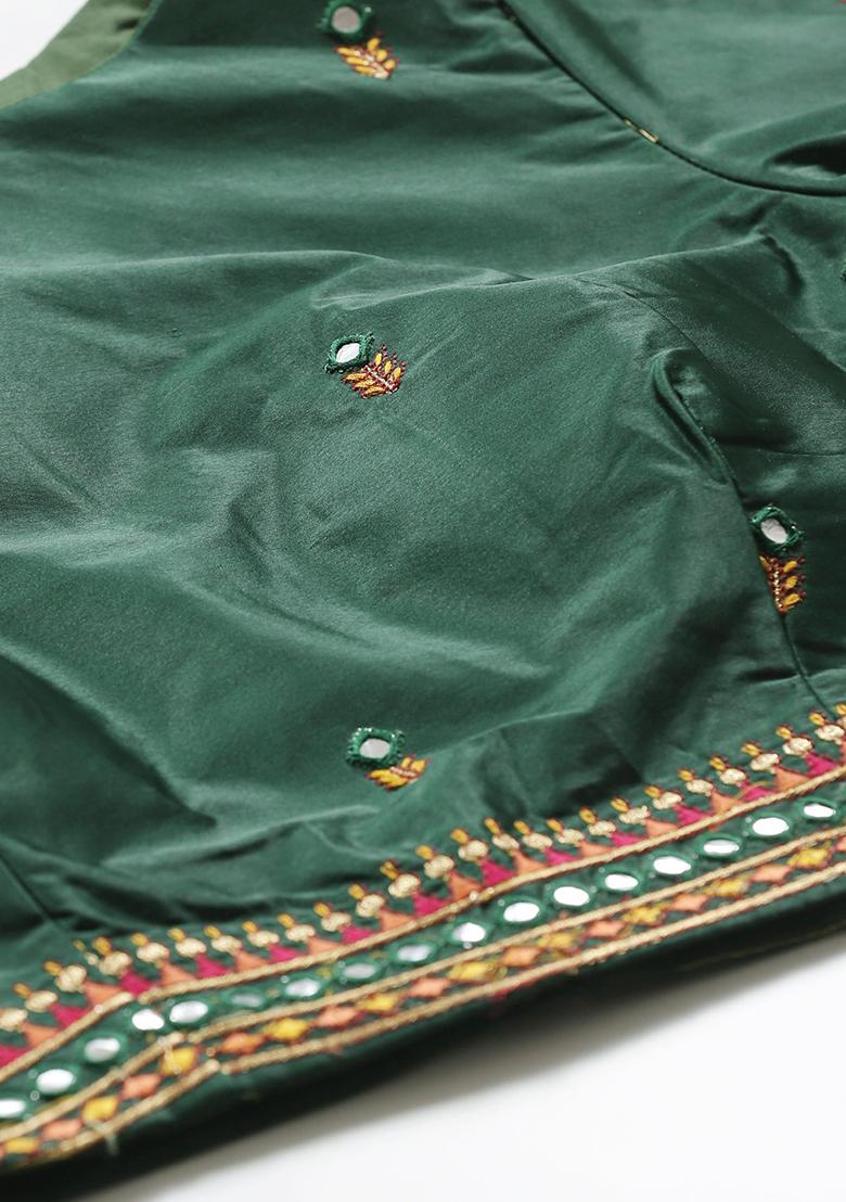 Green And Pink Mirror Embroidered Satin Lehenga Set
