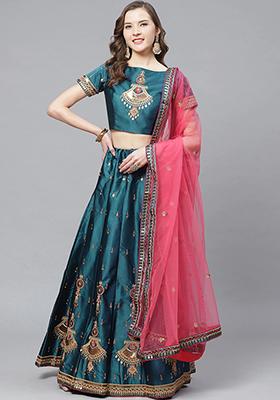 Blue And Pink Sequin Embroidered Satin Lehenga Set