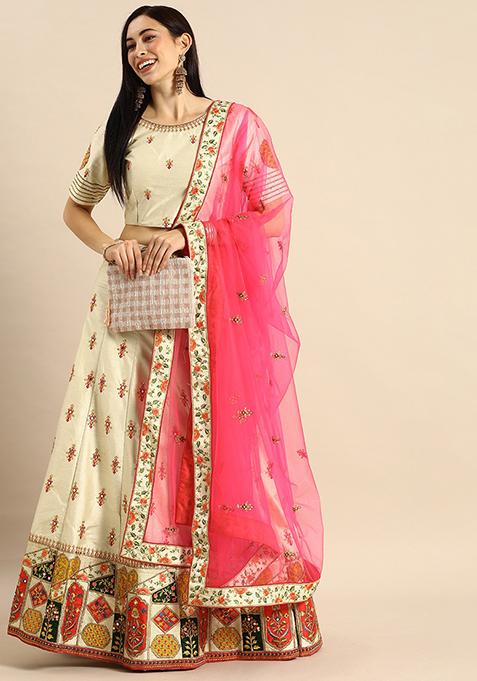 Cream Thread Embroidered Raw Silk Lehenga Set