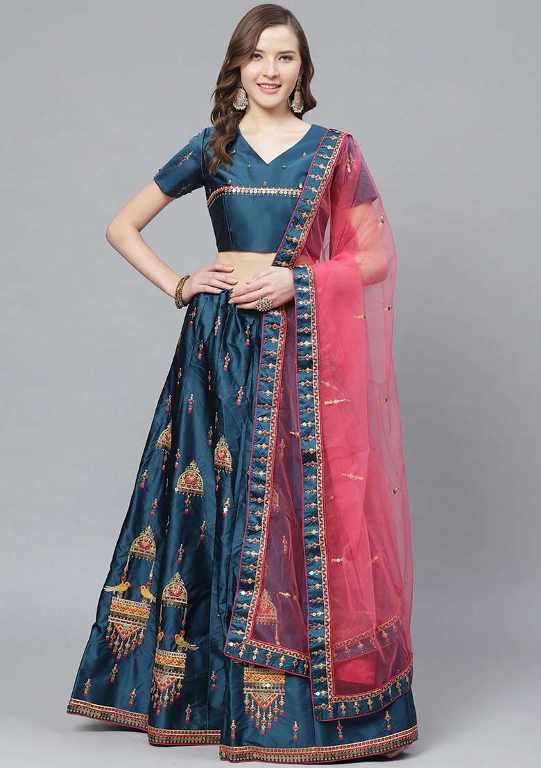 Blue And Pink Thread Embroidered Satin Lehenga Set - Indya