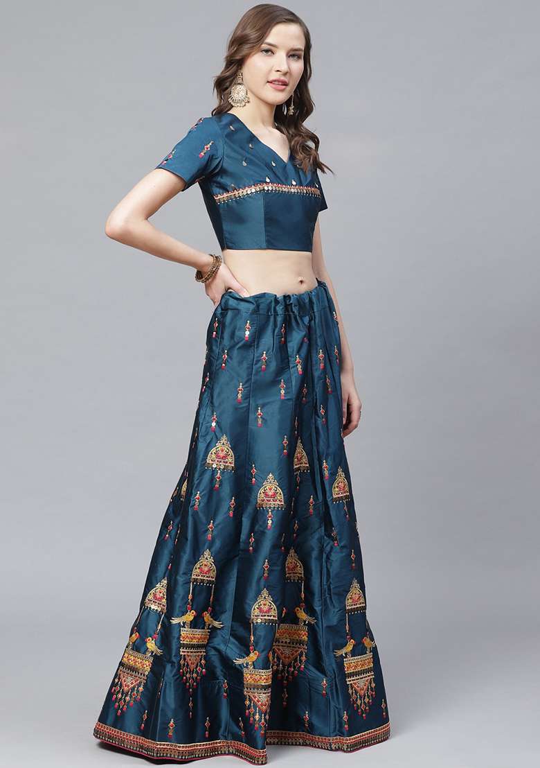 Blue And Pink Thread Embroidered Satin Lehenga Set - Indya
