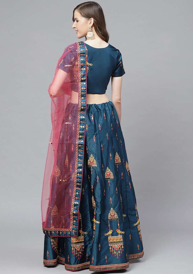 Blue And Pink Thread Embroidered Satin Lehenga Set - Indya