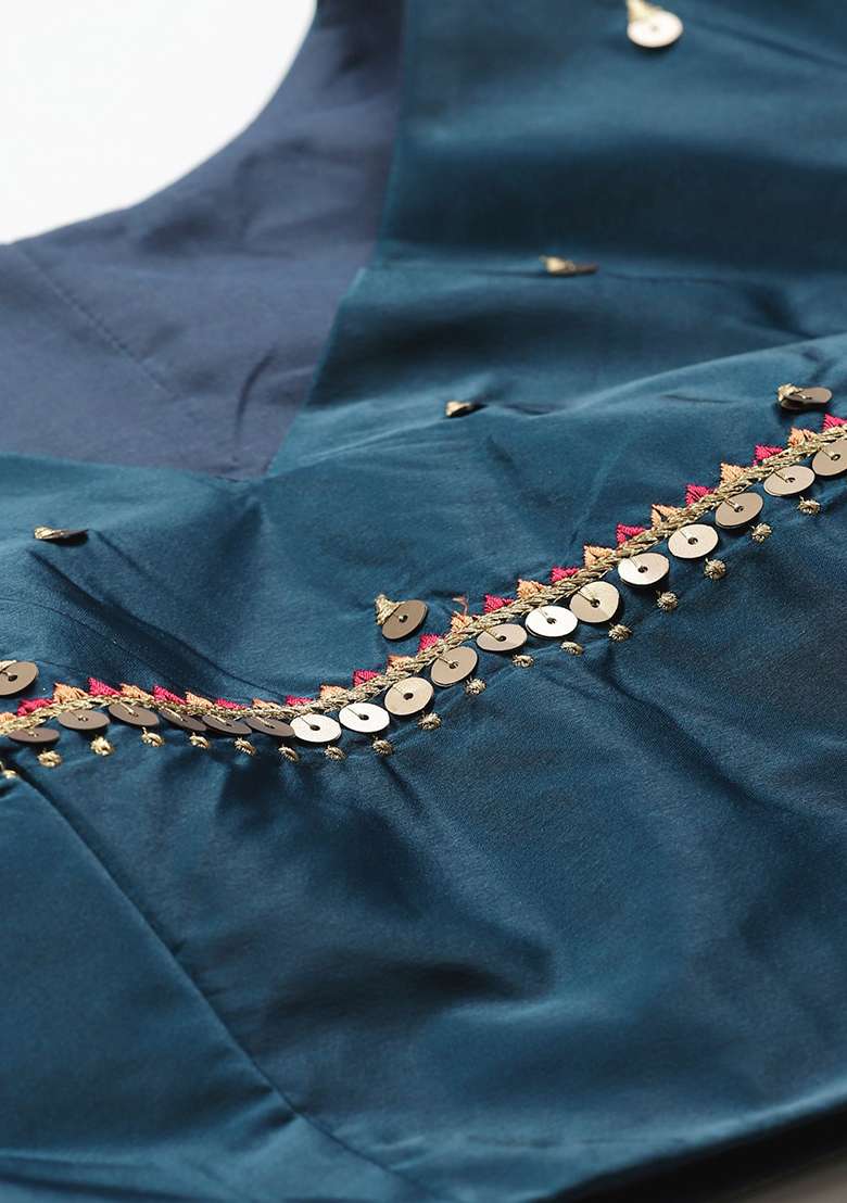 Blue And Pink Thread Embroidered Satin Lehenga Set - Indya