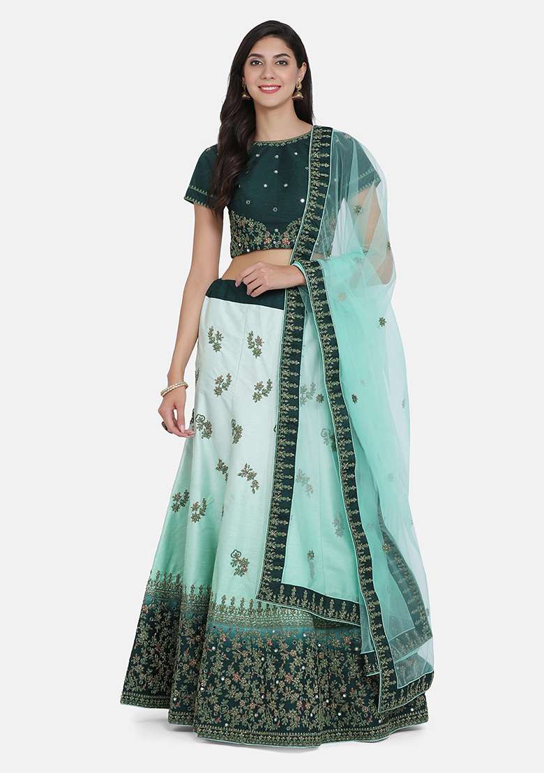 Green Thread Embroidered Silk Lehenga Set - Indya