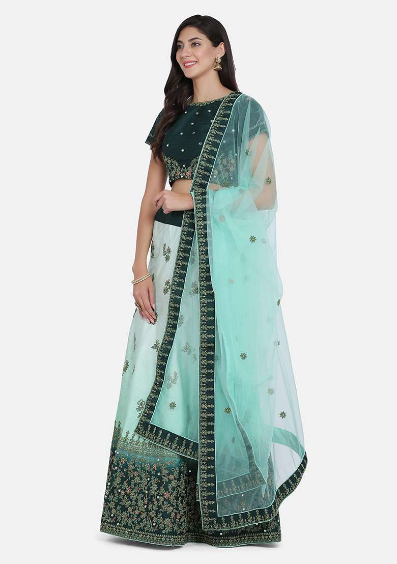 Green Thread Embroidered Silk Lehenga Set - Indya