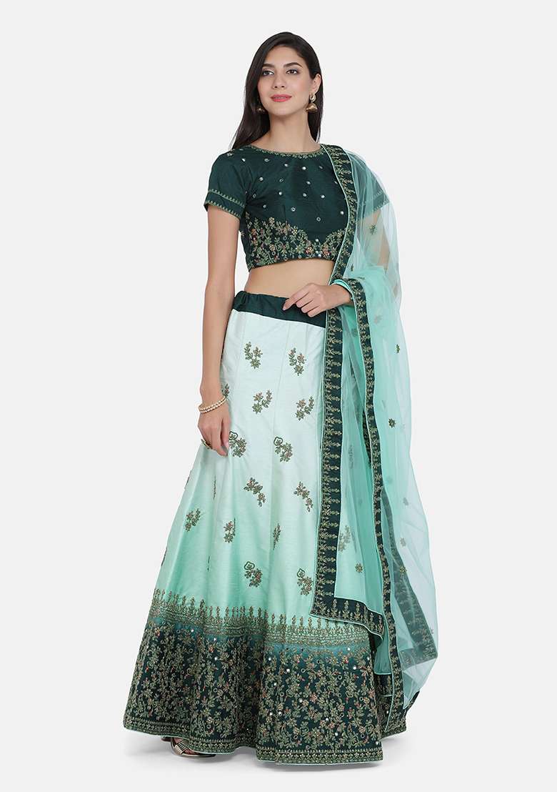 Green Thread Embroidered Silk Lehenga Set - Indya