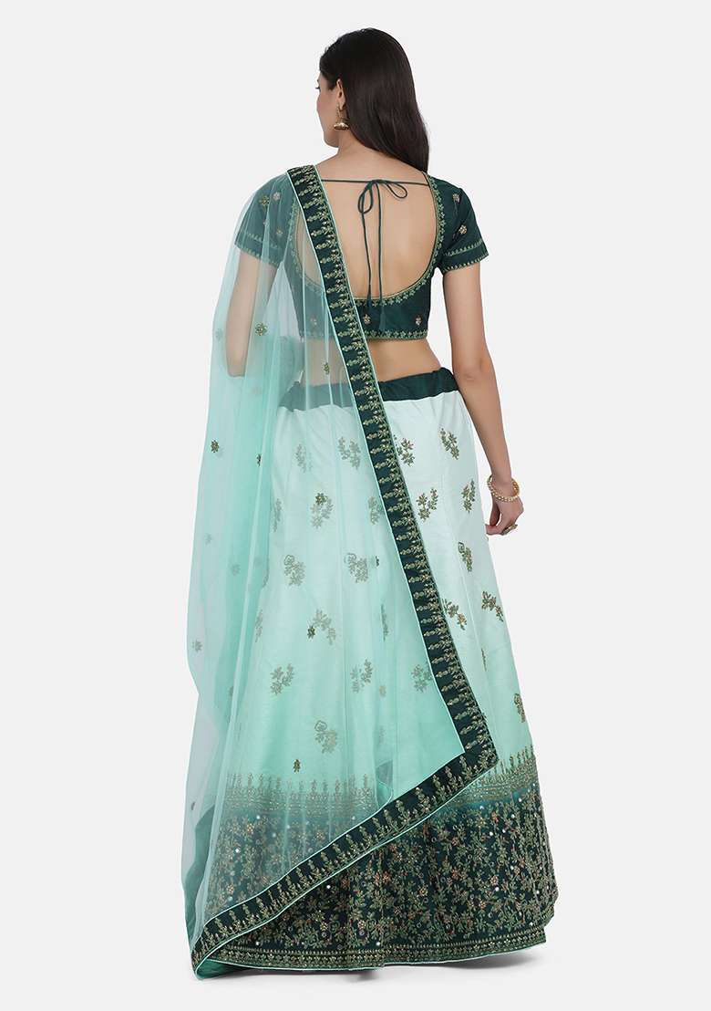 Green Thread Embroidered Silk Lehenga Set - Indya