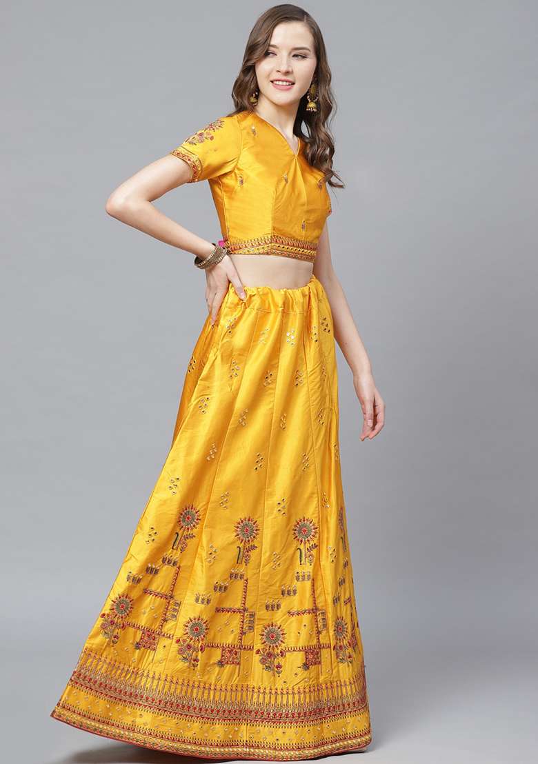 Mustard And Pink Mirror Embroidered Satin Lehenga Set - Indya