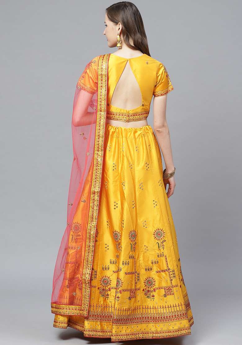 Mustard And Pink Mirror Embroidered Satin Lehenga Set - Indya