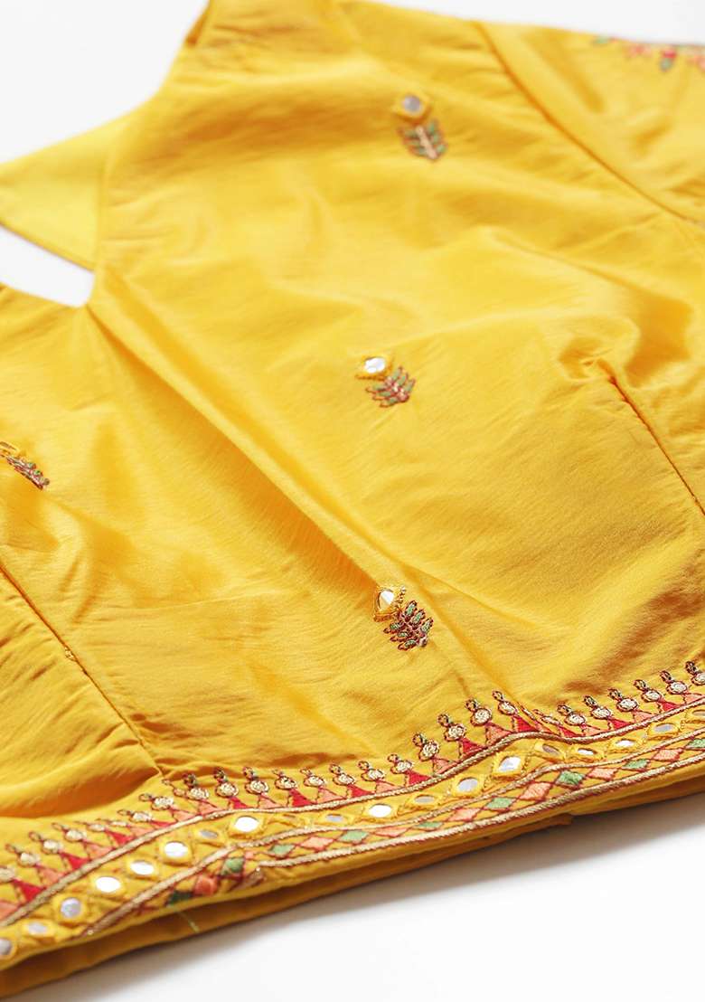 Mustard And Pink Mirror Embroidered Satin Lehenga Set - Indya
