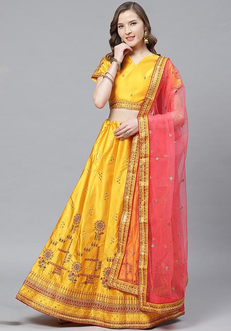 Mustard And Pink Mirror Embroidered Satin Lehenga Set