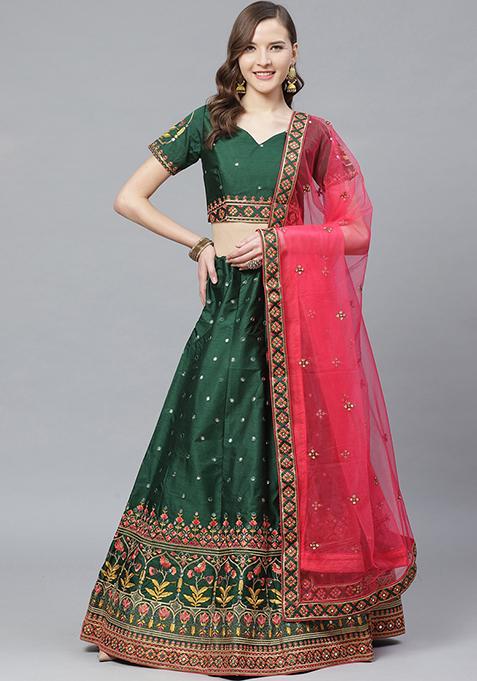 Green And Pink Mirror Embroidered Silk Blend Lehenga Set