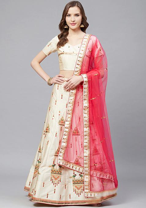 Cream And Pink Thread Embroidered Satin Lehenga Set