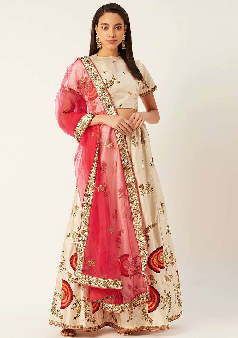 Cream Embroidered Silk Blend Lehenga Set - Indya