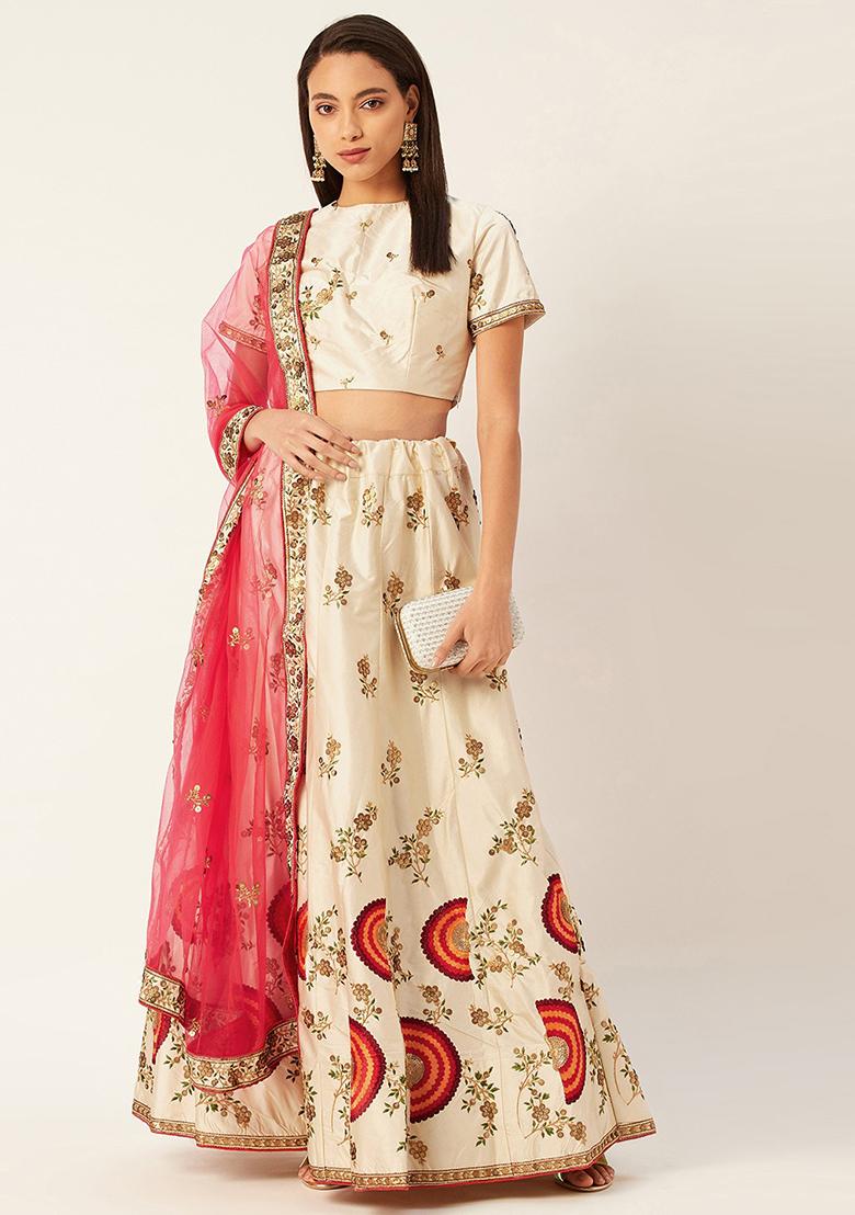 Cream Embroidered Silk Blend Lehenga Set