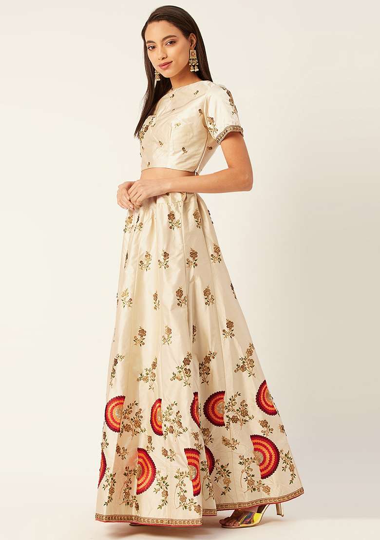 Cream Embroidered Silk Blend Lehenga Set - Indya