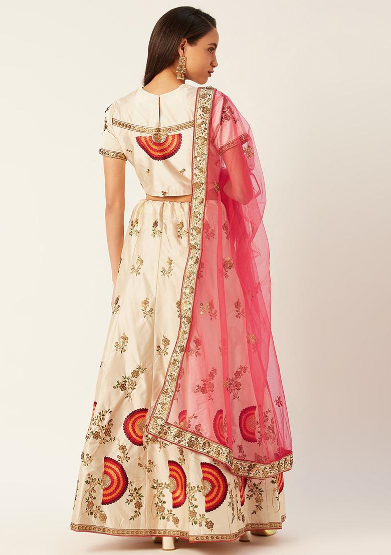 Cream Embroidered Silk Blend Lehenga Set