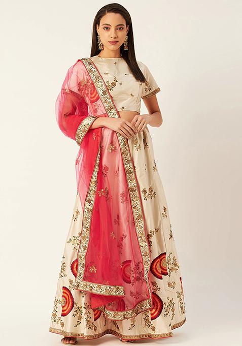 Cream Embroidered Silk Blend Lehenga Set