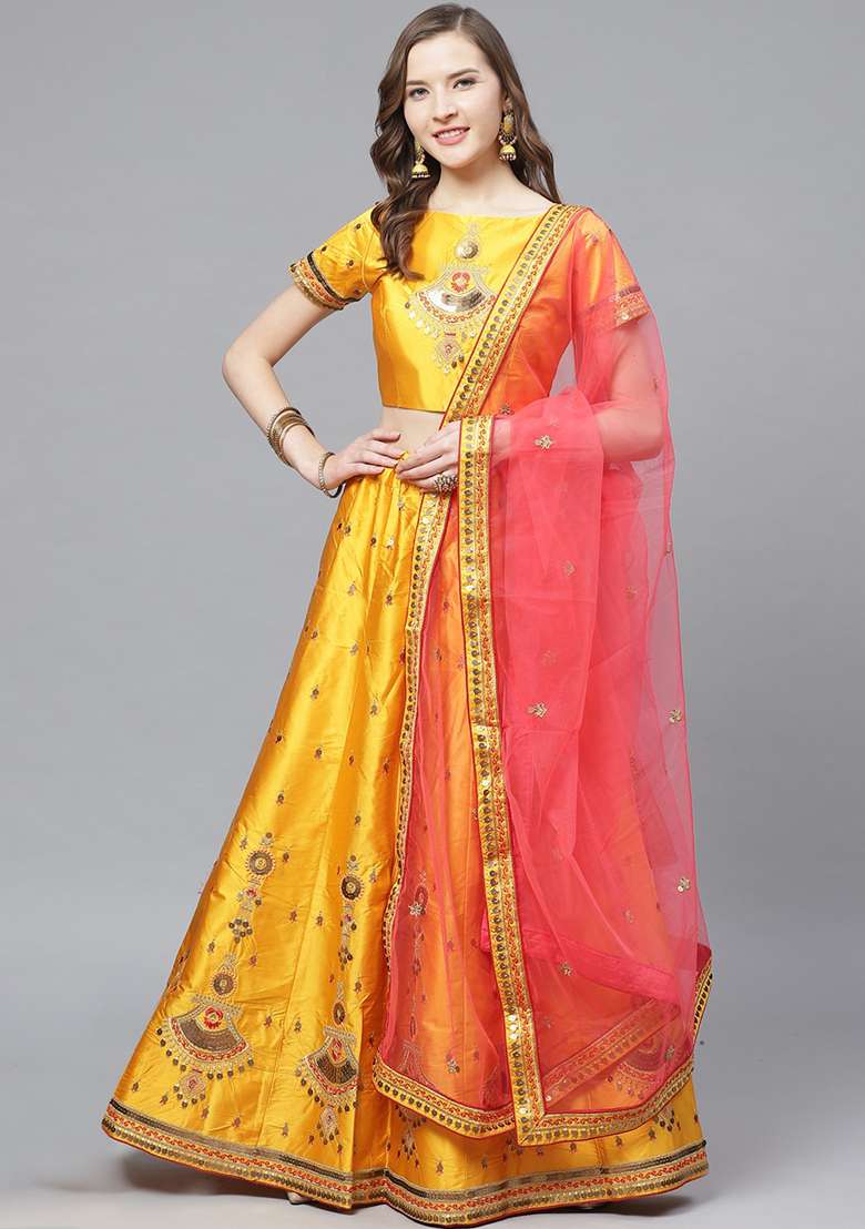Mustard And Pink Thread Sequin Embroidered Satin Lehenga Set - Indya