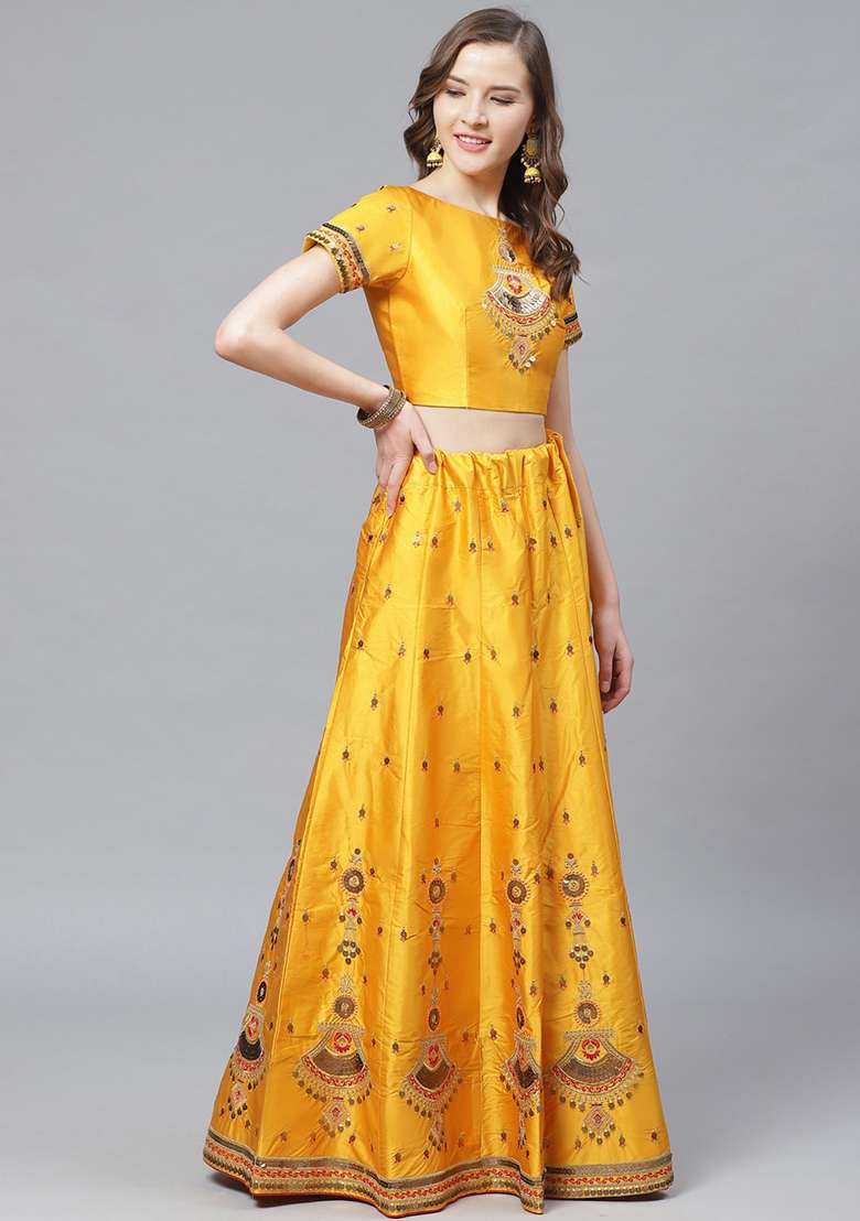 Mustard And Pink Thread Sequin Embroidered Satin Lehenga Set - Indya
