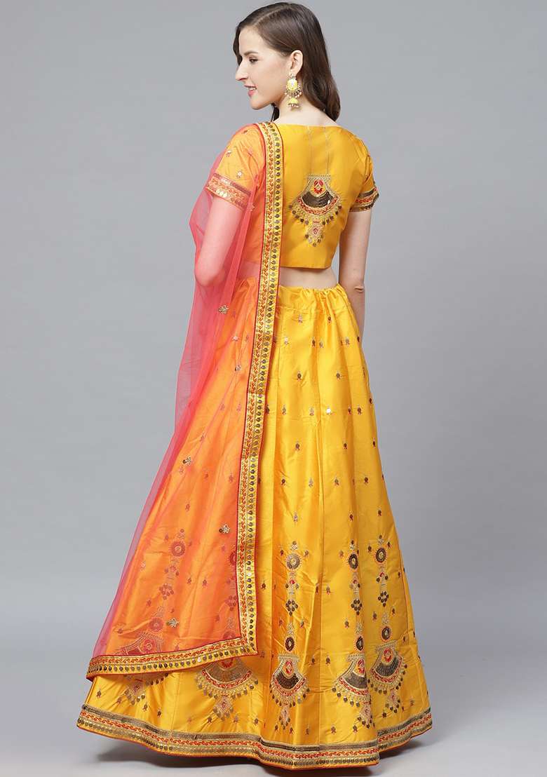 Mustard And Pink Thread Sequin Embroidered Satin Lehenga Set - Indya