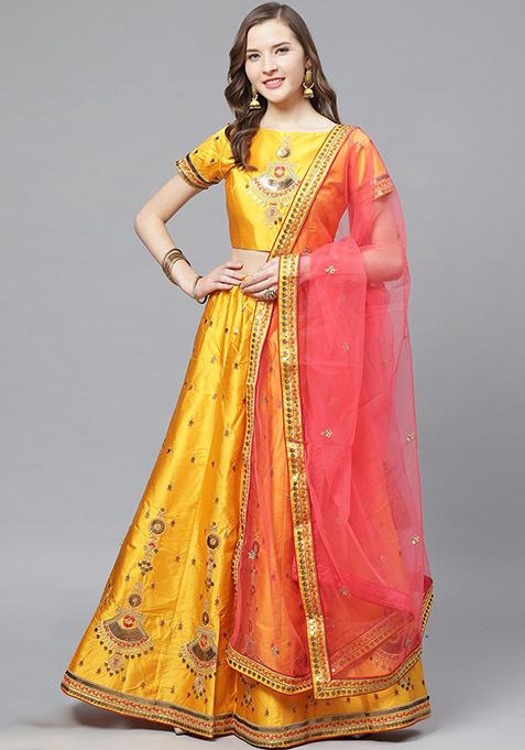 Mustard And Pink Thread Sequin Embroidered Satin Lehenga Set