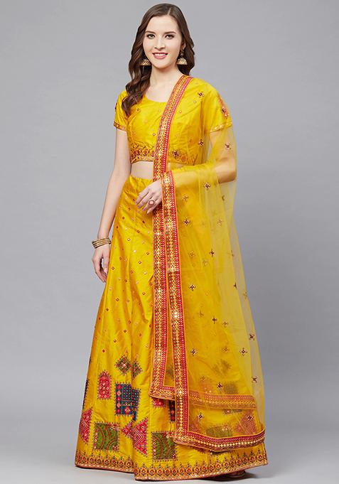 Mustard And Pink Thread Mirror Embroidered Silk Blend Lehenga Set