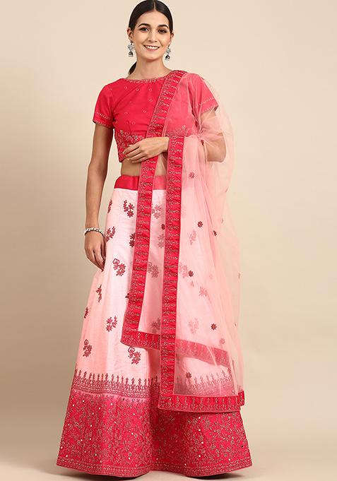 Pink Thread Mirror Embroidered Silk Blend Lehenga Set