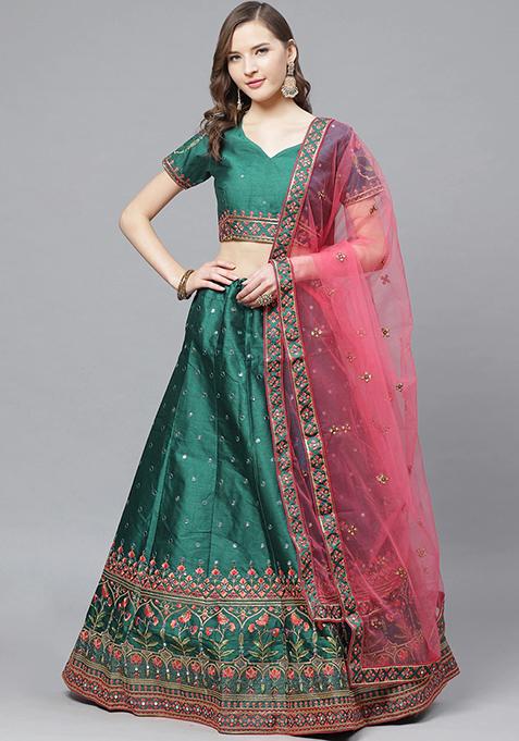 Blue And Pink Thread Embroidered Silk Blend Lehenga Set