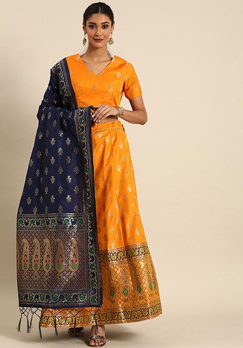 Orange Woven Zari Silk Blend Lehenga Set