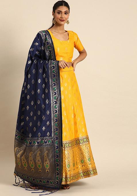 Yellow Woven Zari Silk Blend Lehenga Set