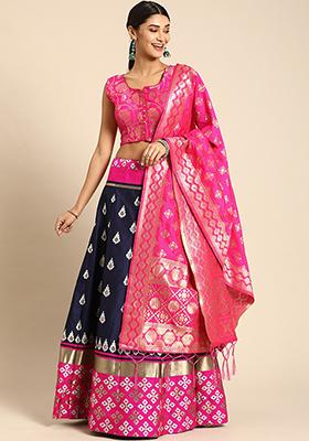 Pink And Navy Blue Woven Zari Silk Blend Lehenga Set