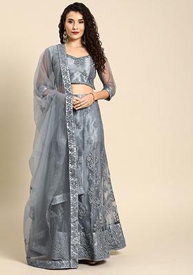 Grey Embroidered Net Lehenga Set