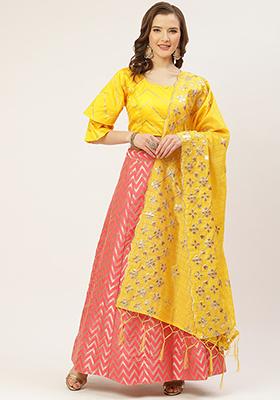 Pink And Yellow Woven Zari Silk Blend Lehenga Set
