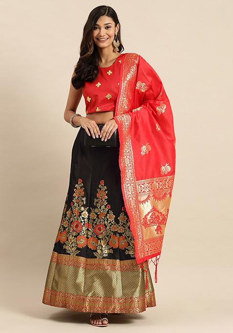 Black And Red Gota Work Silk Blend Lehenga Set