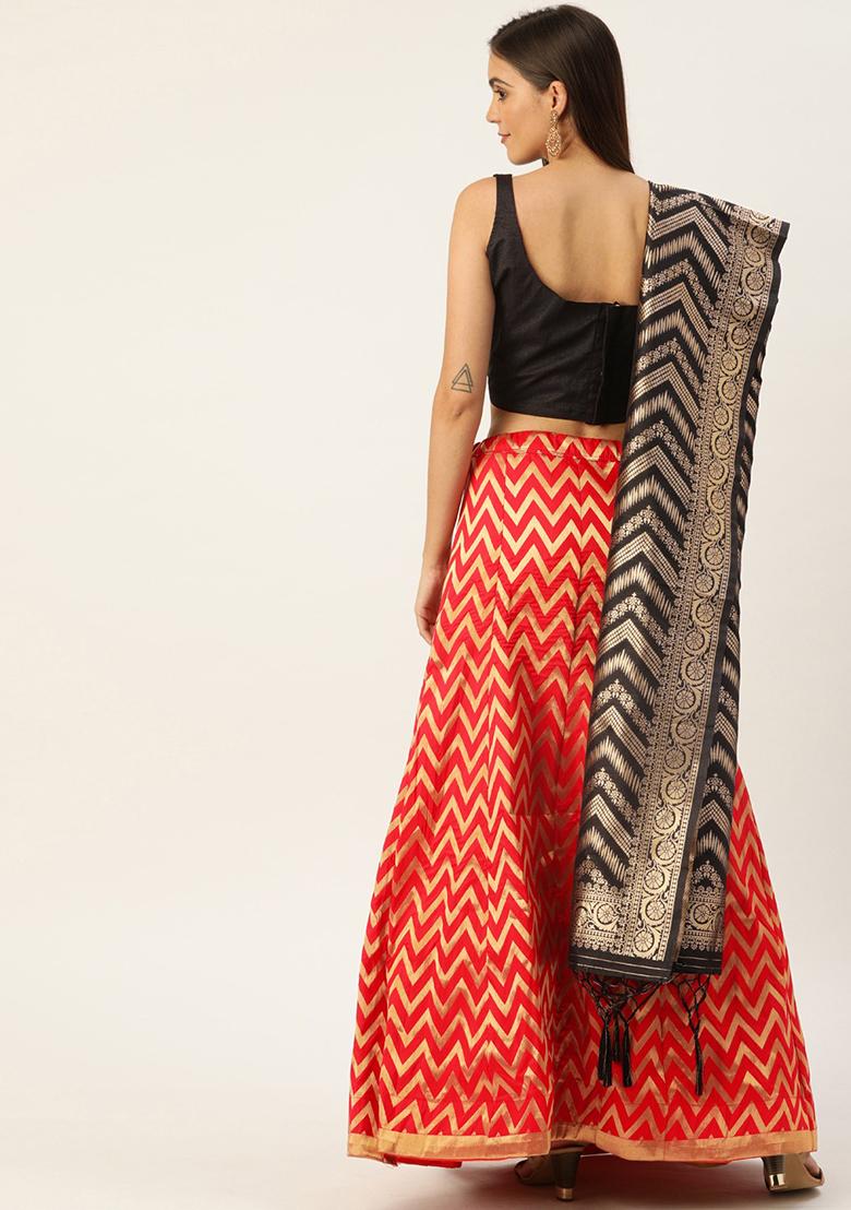 Red Woven Zari Silk Blend Lehenga Set