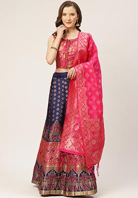 Pink And Navy Blue Woven Zari Silk Lehenga Set