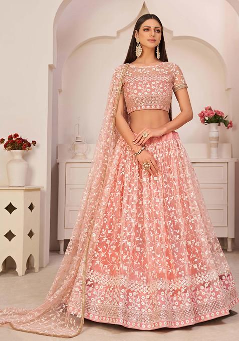 Peach Thread Sequin Embroidered Net Lehenga