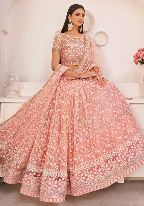 Peach Thread Sequin Embroidered Net Lehenga