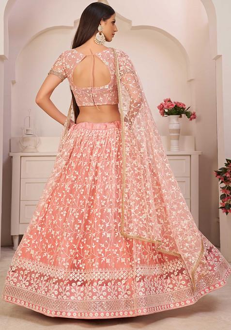 Peach Thread Sequin Embroidered Net Lehenga