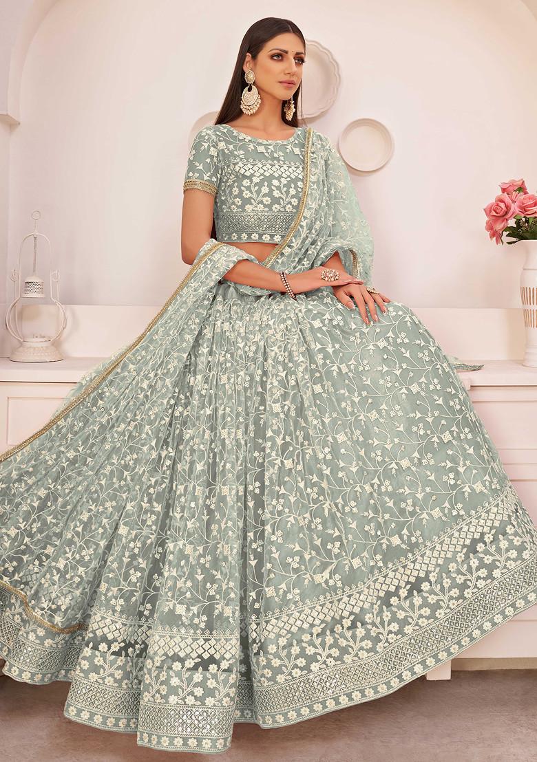 Green Sequin Embroidered Net Lehenga