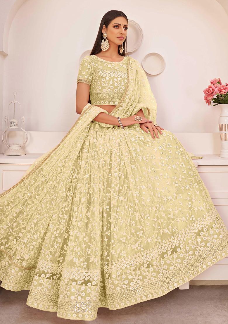 Light Lemon Thread Embroidered Net Lehenga