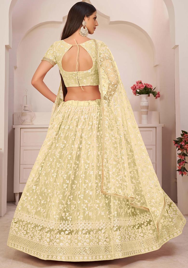 Light Lemon Thread Embroidered Net Lehenga