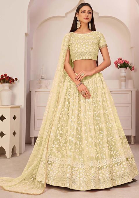 Light Lemon Thread Embroidered Net Lehenga